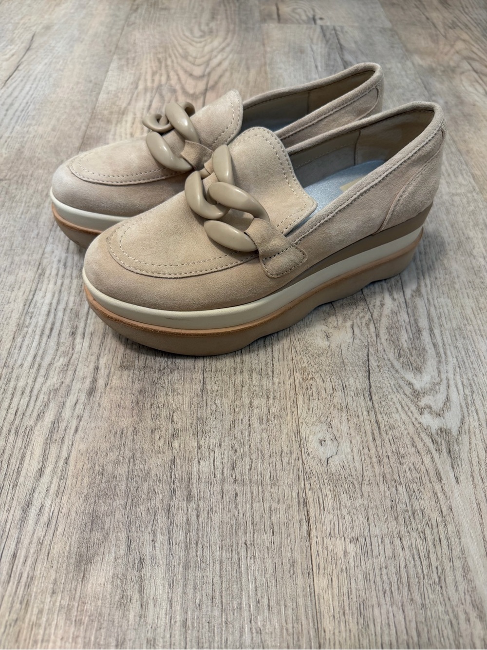 Dolce Vita Beige Suede Platform Loafers with Chunky Chain